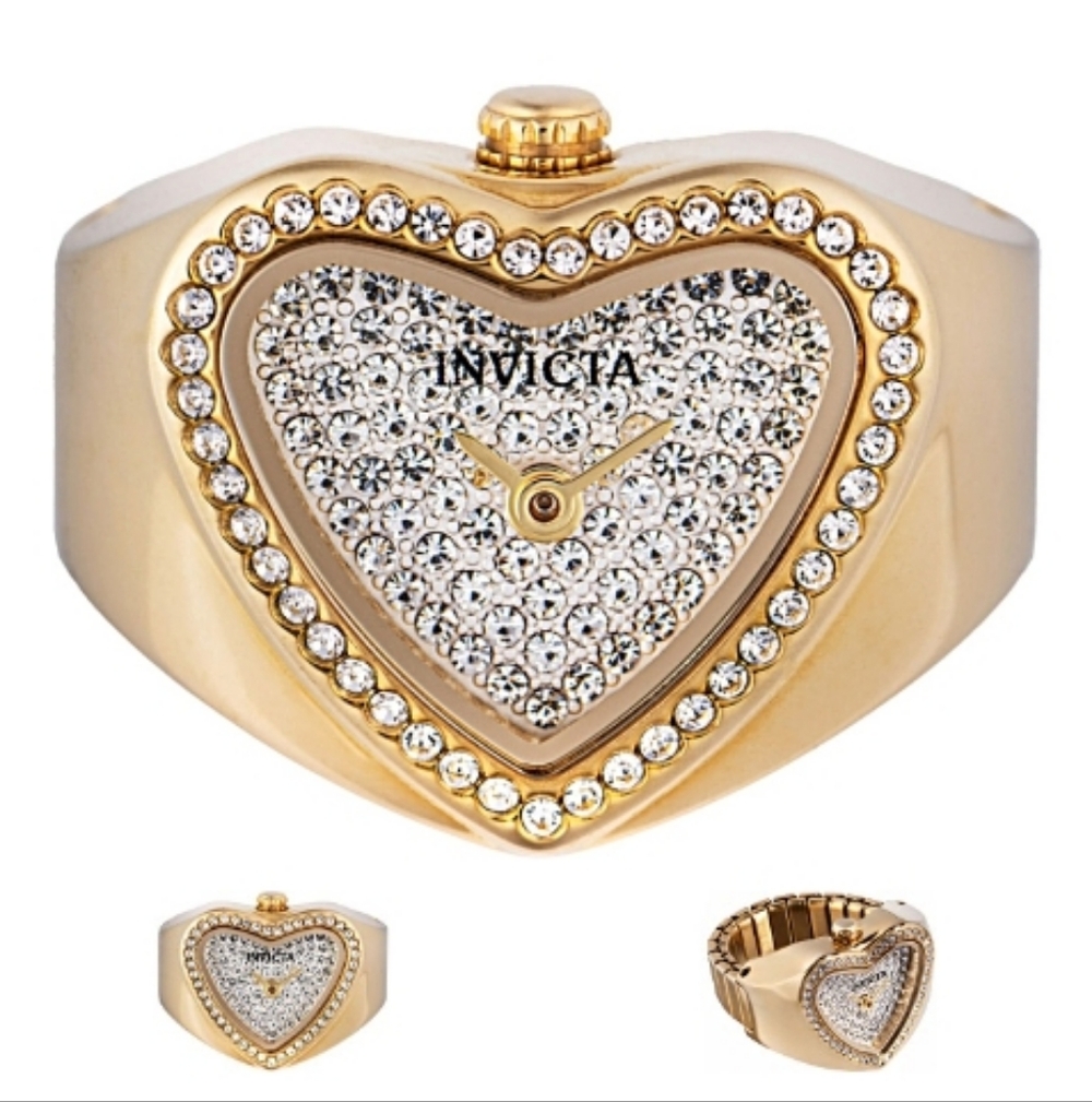 Invicta Angel Edition Gold-Tone Heart Crystal Ring Watch with Black Accents Nwts